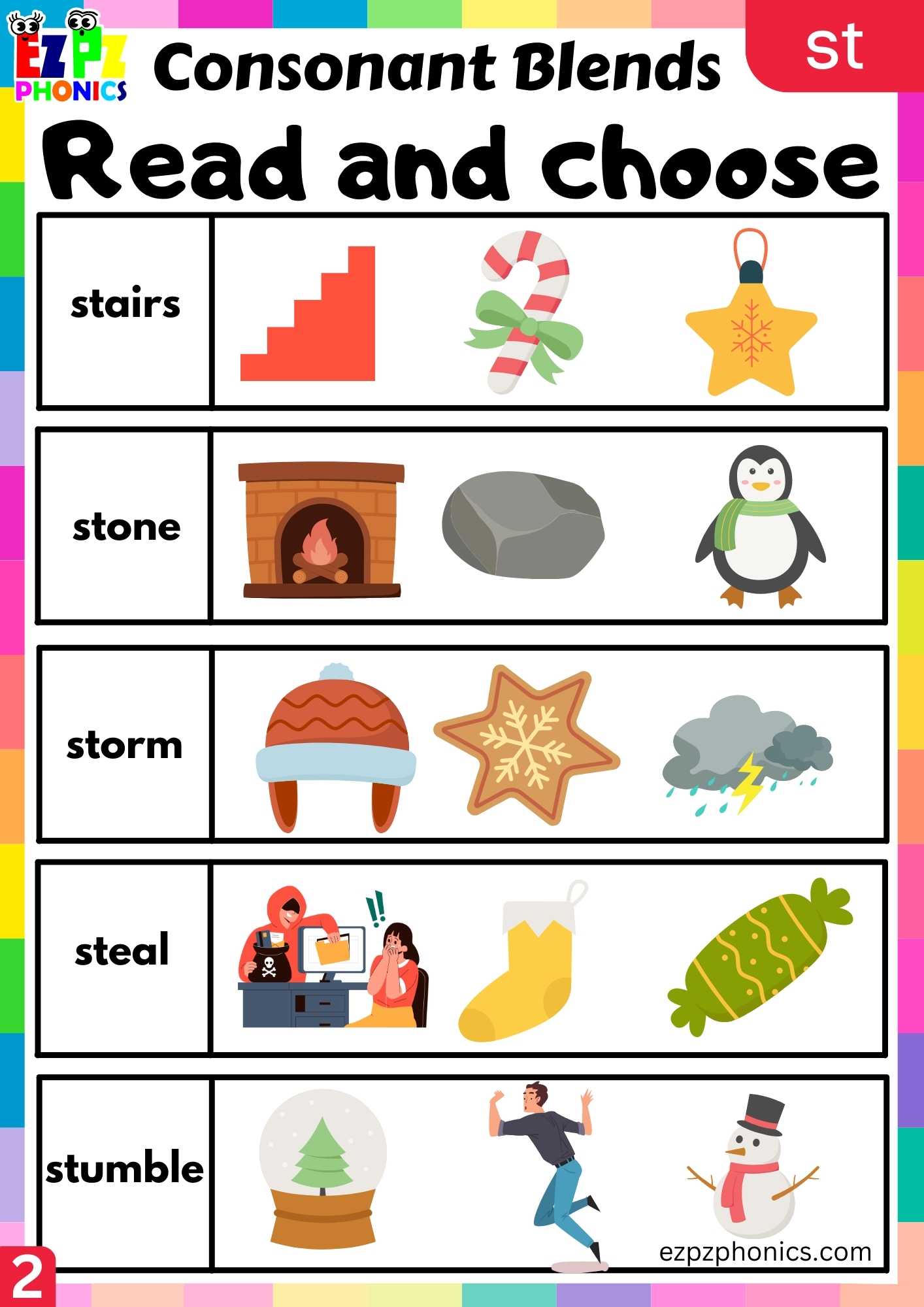Group2 ST Words Read And Choose Phonics Consonant Blends Worksheet